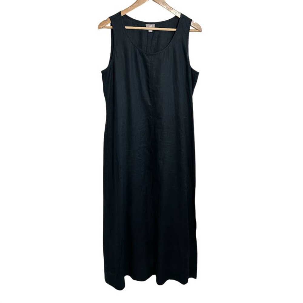 J. Jill 100% Linen Sleeveless Maxi Shift Dress M Black Long Modest Scoop Neck